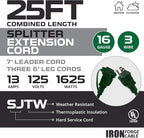 Iron Forge Cable Green 1 to 3 Outdoor Extension Cord Splitter 13 Ft (25 Ft Total Length) - 16 Gauge Power Cord, 3 Prong, 3 Outlets 16/3 SJTW