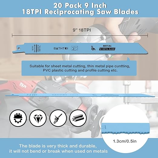 20 Pack 9 Inch 18 Tpi Reciprocating Saw Blades with 8% Cobalt for Longer Life and Faster Cutting Speed, Bi-Metal Sawzall Blades for Sheet Metal, Pipes, PVC Plastic, Profiles Cutting