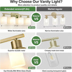 4-Light Bathroom Light Fixtures, Brass Vanity Light with Milky White Shades, Bathroom Lighting Fixtures Over Mirror, Modern Bathroom Wall Lamp for Mirror Living Room Cabinet Bedroom