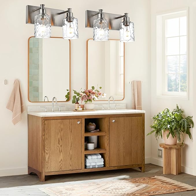 BONLICHT Modern Bathroom Light Fixtures in Brushed Nickel Finish, 2 Light Industrial Indoor Wall Sconce Farmhouse Vanity Lighting Over Mirror with Hammered Glass Contemporary Hallway Wall Mount Lamp