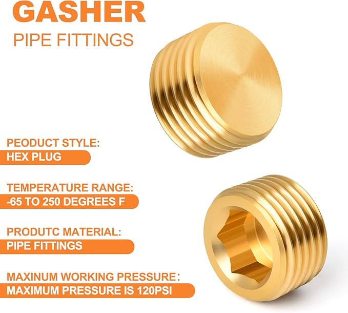 GASHER 20Pcs Brass Pipe Fitting,1/8" 1/4" 3/8" 1/2" NPT Brass Internal Hex Thread Socket Pipe Plug Set