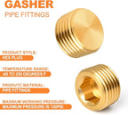 GASHER 25Pcs Brass Pipe Fitting,1/8" 1/4" 3/8" 1/2" 3/4" NPT Brass Internal Hex Thread Socket Pipe Plug Set