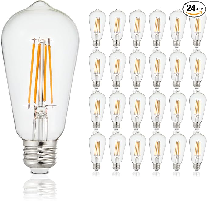 Depuley LED Light Bulbs E26: Chandelier Lights Bulb 6W Equivalent 60W - Edison Vintage Bulbs Warmlight 2700K ST58 Clear Glass Bulb 800 LM 80+CRI Non-Dimmable 24-Pack