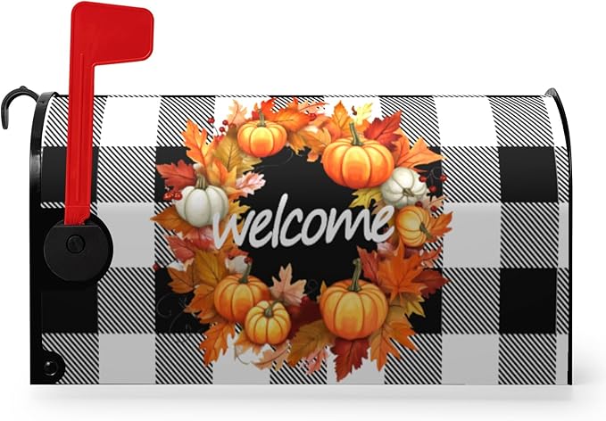 Fall Welcome Mailbox Covers Magnetic Large Size Autumn Pumpkin Buffalo Plaid Mailbox Cover Oversized Post Mailbox Wrap Outdoor Decor for Garden Yard 21x25.5 Inch