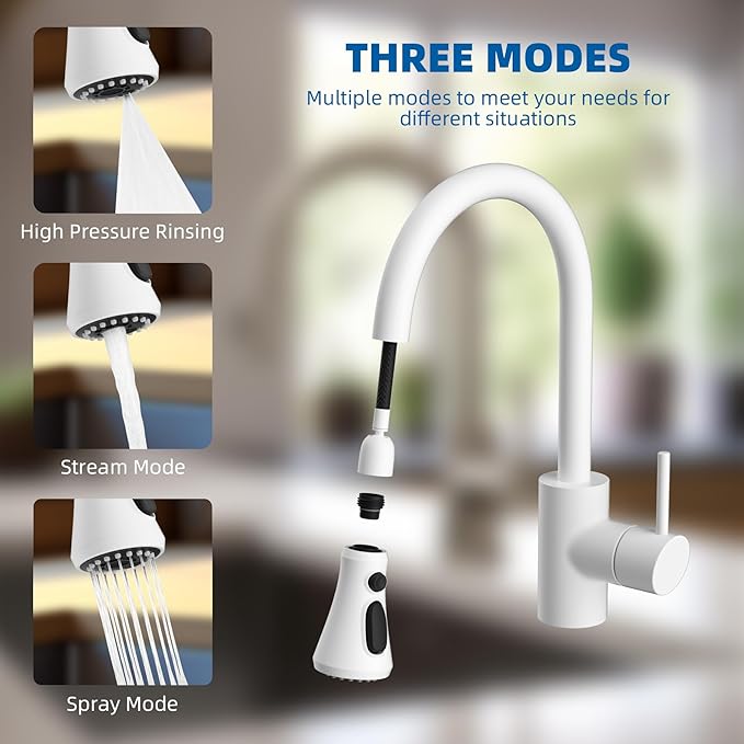 Hibbent Pull Down Spray Head for Kitchen Faucet, NSF/ANSI/CAN 61 & CUPC Certified 3-Function Spray Nozzle, 14 Adapters, Sink Faucet Head Replacement Compatible with Moen, Delta, Kohler, White