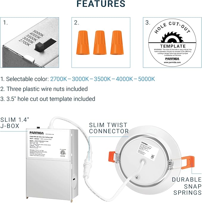 PARMIDA (6 Pack) 4 Inch LED Gimbal 5CCT Recessed Lighting, Directional Adjustable Canless Ceiling Light with J-Box, 2700K-5000K 5 Color Selectable, 9W, Eyeball Ultra-Thin Slim Panel, Dimmable, ETL