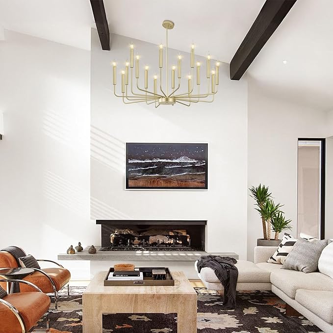 Qamra Modern Farmhouse Gold Chandelier for Dining Room, 16-Light Rustic Candle Chandelier Light Fixture, Industrial Hanging Chandeliers Lighting for Living Room, Kitchen, Staircase, Entryway, Foyer
