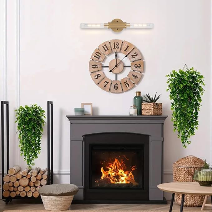 Gold Knurled Texture Wall Sconces 24" Modern Cylinder Bathroom Vanity Lights Fixtures with Clear Striped Glass Shade 2-Lights Indoor Wall Lighting for Living Room Bedroom Kitchen