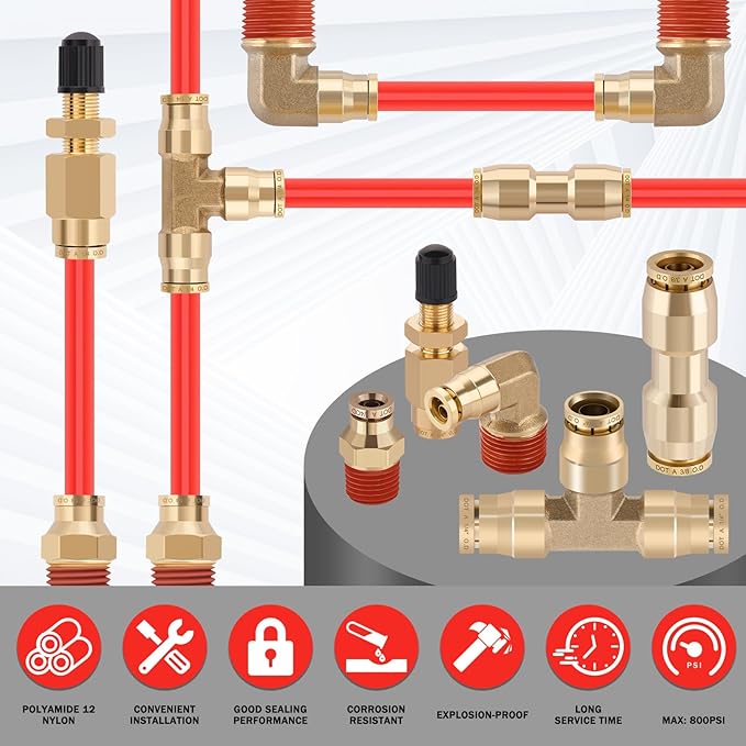 CheeMuii 76 PCS Brass DOT Air Line Fittings with 100FT 1/4" and 50FT 3/8" Red DOT Air Lines Kit Push Lock Air Line Quick Connect Fittings with Pneumatic Tubing Set