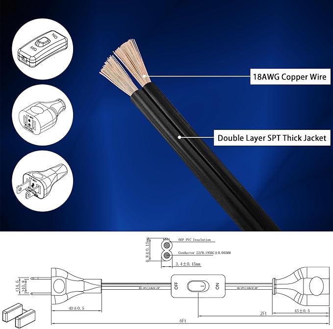 Black Extension Cord with Switch On/Off, 2 Prong Grounded Plug, 6FT Indoor Power Cord, Insulated & Flame Retardant 120V 150W, UL Listed