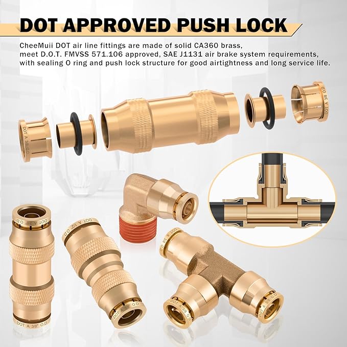 CheeMuii 156 PCS Brass DOT Air Line Fittings with 4 Roll 100FT 1/8" 1/4" 3/8" 1/2" DOT Air Lines Kit Push Lock Air Fitting Quick Connect Air Fittings with Air Hose Pneumatic Tubing