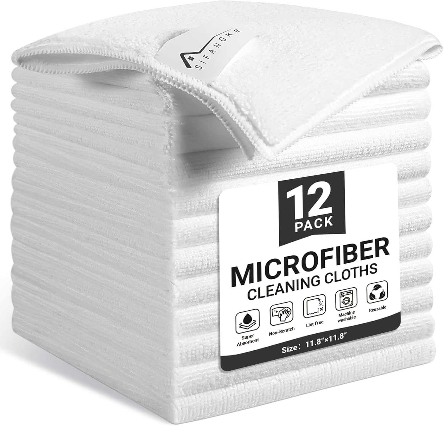 Microfiber Cleaning Cloth, 12 Pack Lint-Free and Highly Absorbent Rags, White Reusable Microfiber Towels for Car, Kitchen, Bathroom and Household Cleaning Supplies, 11.8"X11.8"