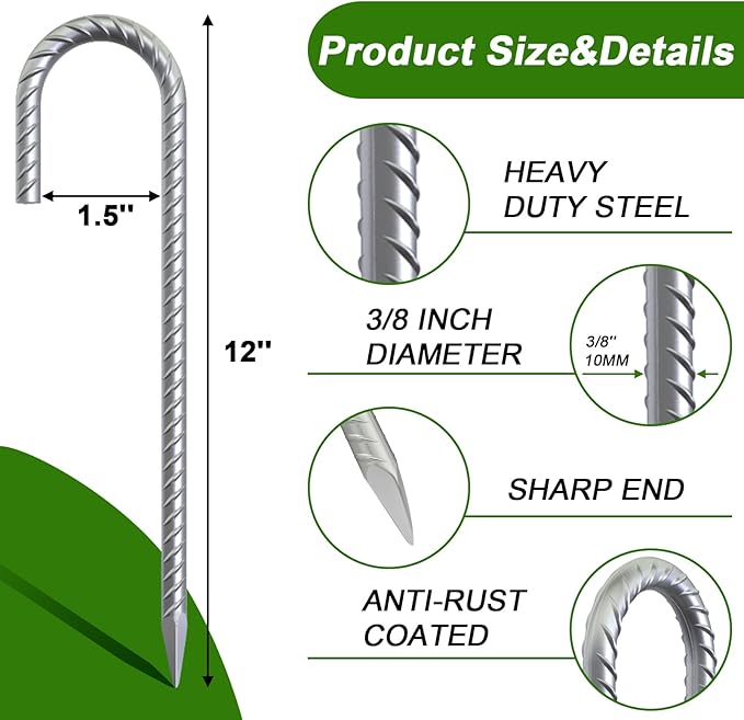 AAGUT 12 Inch Rebar Stakes J Hook 16 Pcs 3/8" Chain Link Fence Stakes Heavy Duty Galvanized Steel Tent Stakes Ground Anchors for Hard Firm Soil, Silver
