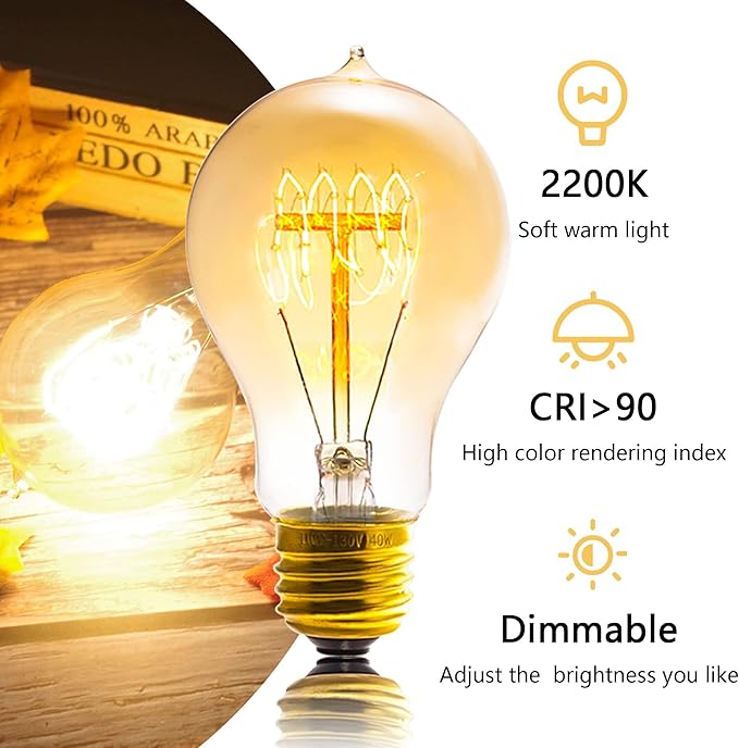 Edison Bulb, A19 Bulbs 6 Pack, Retro Style Incandescent Light Bulbs,Dimmable 120V 40W Antique Vintage Light Bulb, 240 Lmens E26 Base, Amber 2200K Warm White Light, for Home Office Desk Lamp