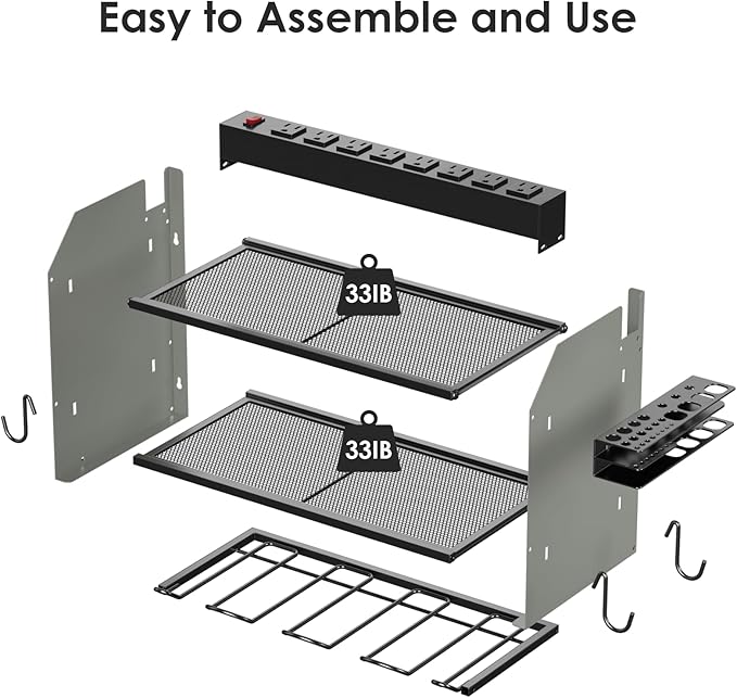CCCEI Modular Power Tool Organizer Wall Mount with Charging Station. Garage 4 Drill Storage Shelf with Hooks, Drill Bit Heavy Duty Rack, Grey Tool Battery Holder Built in 8 Outlet Power Strip.
