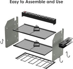 CCCEI Modular Power Tool Organizer Wall Mount with Charging Station. Garage 4 Drill Storage Shelf with Hooks, Drill Bit Heavy Duty Rack, Grey Tool Battery Holder Built in 8 Outlet Power Strip.