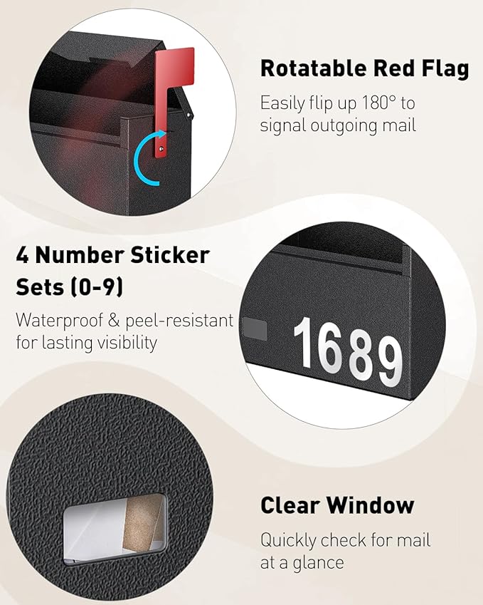 Uniclife Mailboxes for Outside, Wall Mount Mailbox with Flag and Mailbox Number Stickers, Large Metal Mail Box for House, Modern Post Box for Outdoor Office Home, (No Locking Mechanism)