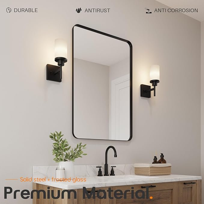 Wall Light Fixtures Matte Black Bathroom Vanity Lights Over Mirror with White Frosted Glass, Wall Lamps for Hallway Washroom Porch Entrance T001MB-L1