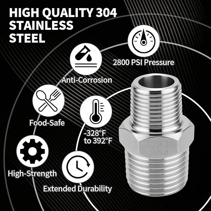 4 Pack 1/2 to 3/8 Reducer Faucet Adapter 304 Pipe Fitting 3/8 Male to 1/2 Male Supply Line Adapter for RV Kitchen Plumbing Water Hose Pipe Connector with Rubber Washer