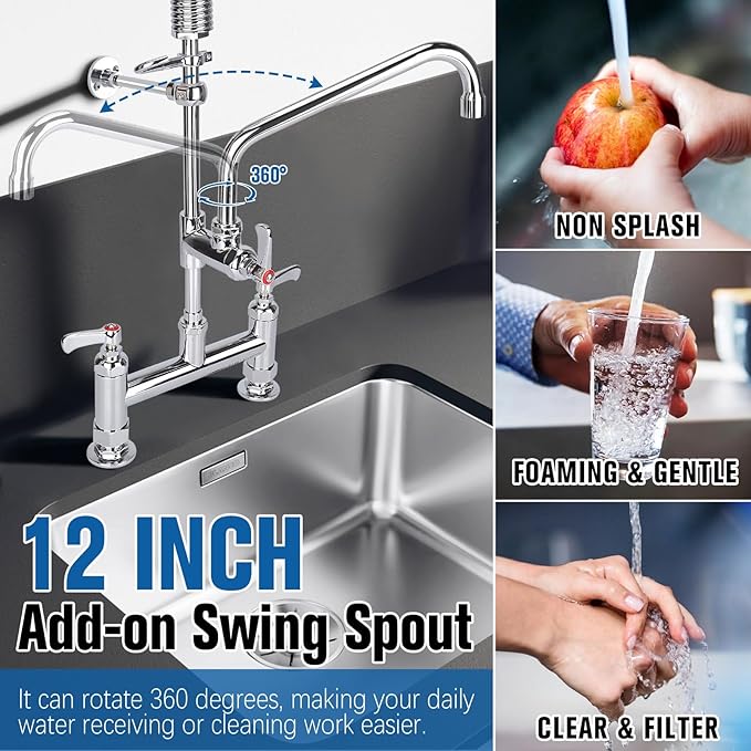 36" Height Commercial Sink Faucet Deck Mount with Pre-Rinse Sprayer, Commercial Kitchen Faucet with 10" Add-on Swing Spout Faucet & Spring Pull Down Sprayer, 8" Adjustable Center Kitchen Faucet