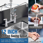 36" Height Commercial Sink Faucet Deck Mount with Pre-Rinse Sprayer, Commercial Kitchen Faucet with 10" Add-on Swing Spout Faucet & Spring Pull Down Sprayer, 8" Adjustable Center Kitchen Faucet