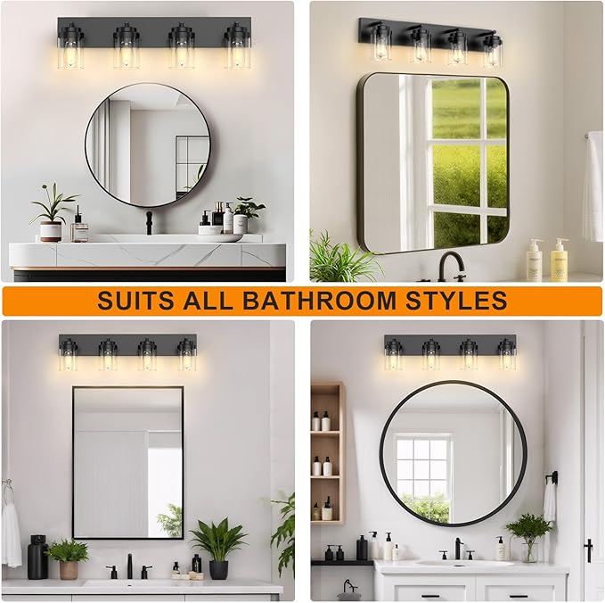 IZORRO Bathroom Vanity Light Fixture, 4-Light 27.5 Inch Matte Black Bathroom Light Fixtures Over Mirror, with Clear Glass Shade, Modern Farmhouse Vanity Lights, Rustic Restroom Lighting Fixtures