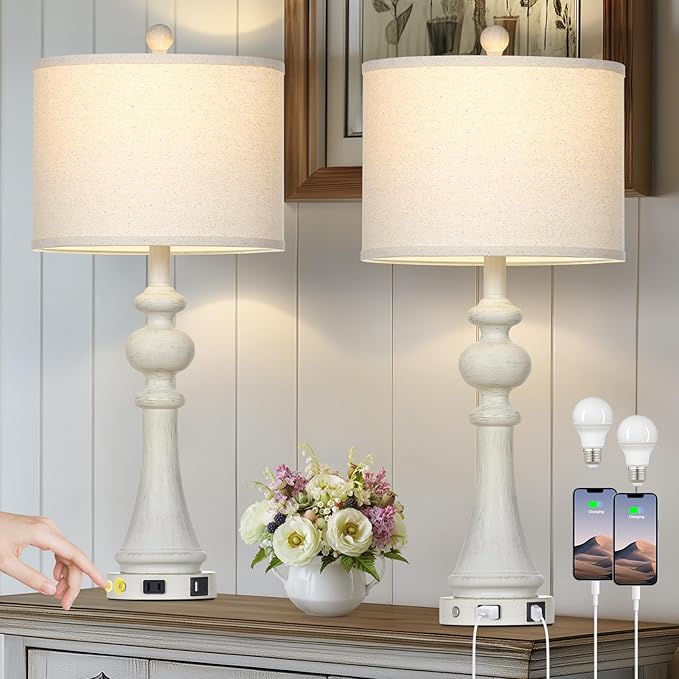 28" Farmhouse Lamps Set of 2, Vintage 3-Way Dimmable Touch Control Table Lamps with USB A+C Fast Ports & AC Outlets, Rustic Traditional Classic Bedside Nightstand Lamps for Living Room Bedroom White