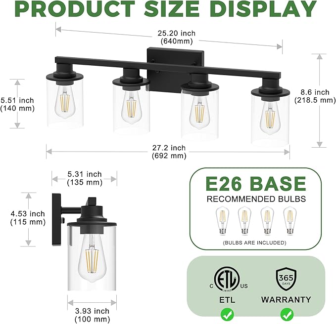 DORESshop Bathroom Light Fixtures, 4-Light Black Bathroom Lighting Fixtures Over Mirror with Glass Shade, Modern Vanity Lights for Hallway Bedroom, Includes Bulbs
