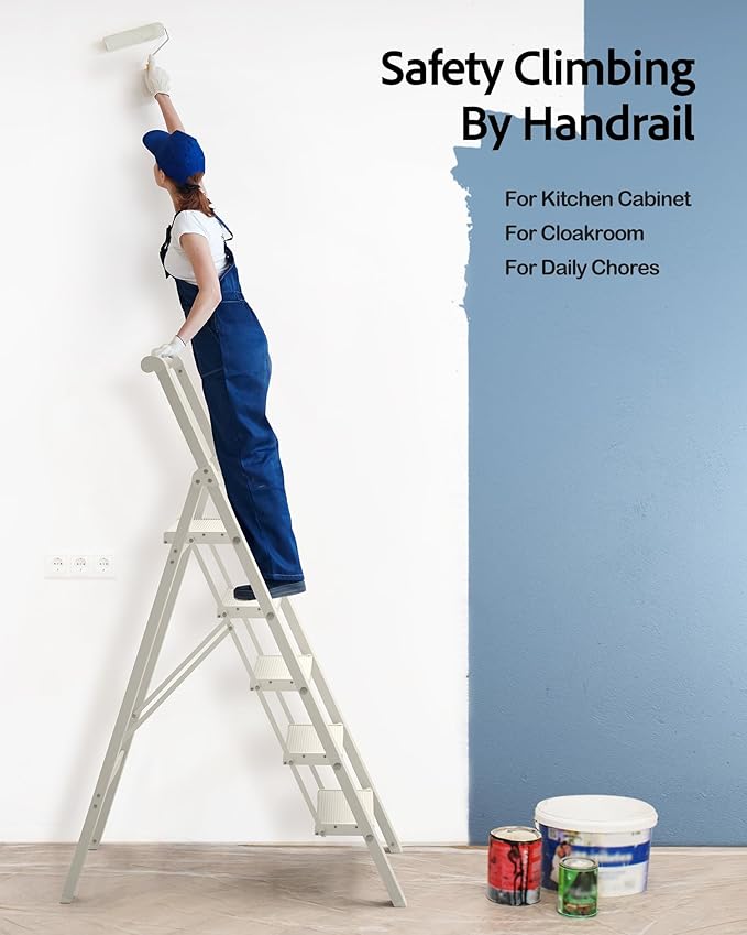 5 Step Ladder, Lightweight Folding Step Stool with Convenient Handgrip,Aluminum 330lbs Capacity Step Ladder for Office,Household,Kitchen(White)