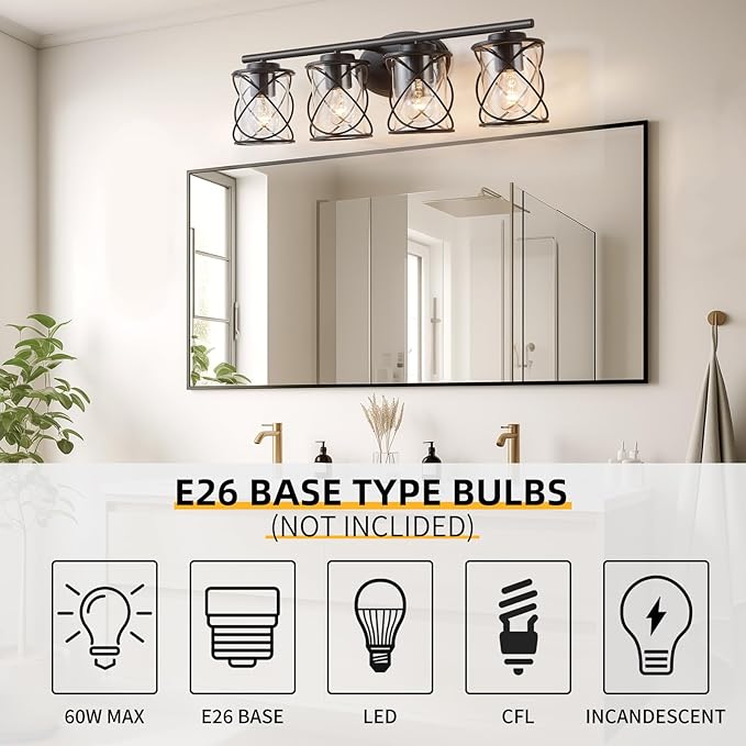mavcadonf Bathroom Vanity Light Fixtures Over Mirror, 4 Lights Modern Bathroom Wall Lamp for Mirror Kitchen Living Room Hallway Cabinet Porch, Farmhouse Wall Lights with Cage Shade, Matte Black