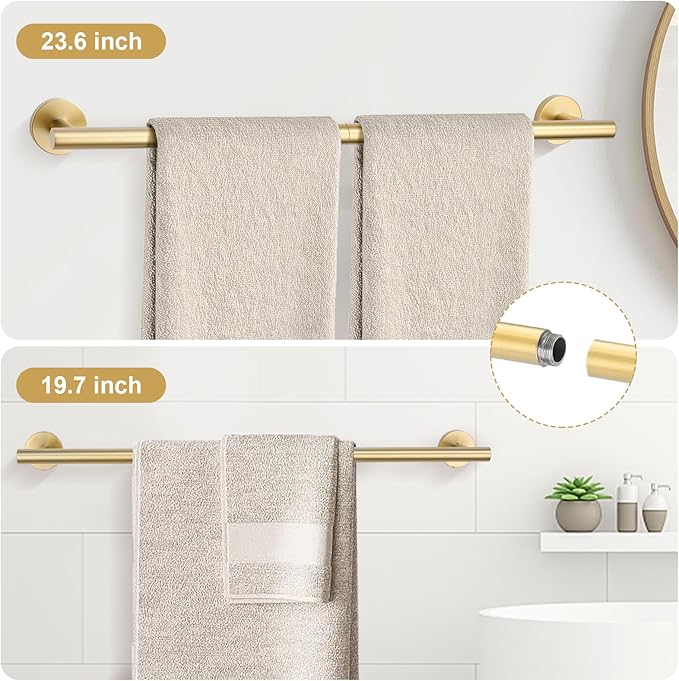 TURS Brushed Gold 8 Piece Bathroom Hardware Set, SUS304 Stainless Steel 24 Inch and 20 Inch Bath Towel Bar Set, Round Bathroom Accessories Kit Wall Mounted