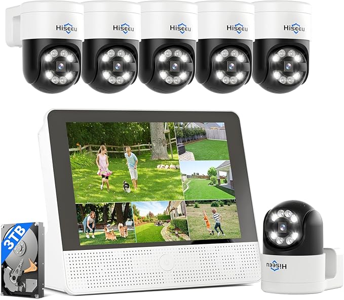 【12’’ Monitor + Human Tracking】Hiseeu 4K PoE Security Camera System, 6Pcs 5MP PoE PTZ Security Cameras, All-in-One Monitor, 2-Way Audio, Remote Access, 8MP 16 Channel P oE NVR, Home CCTV Surveillance