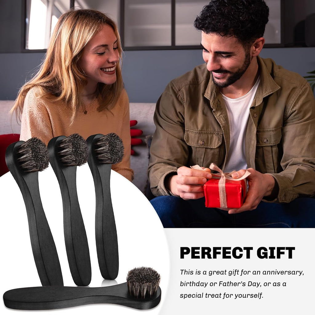 4 Pcs Horsehair Shine Shoes Brush Kit Polish Dauber Applicators Cleaning Leather Shoes Boots Care Brushes Suede Cleaner Brush with Microfiber Shoe Cloth(Black Handle A)