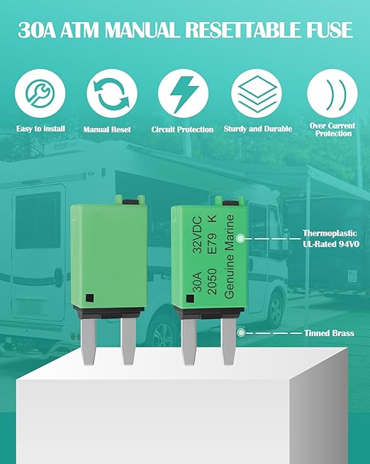 30A Low Profile Mini Fuse Kit– Automotive 30A ATM Manual Reset Circuit Breaker Fuses for Boat, RV, Car, Truck, DC 12V/32V 30 Amp Manual Resettable Blade Assortment Kit with Resettable Fuses