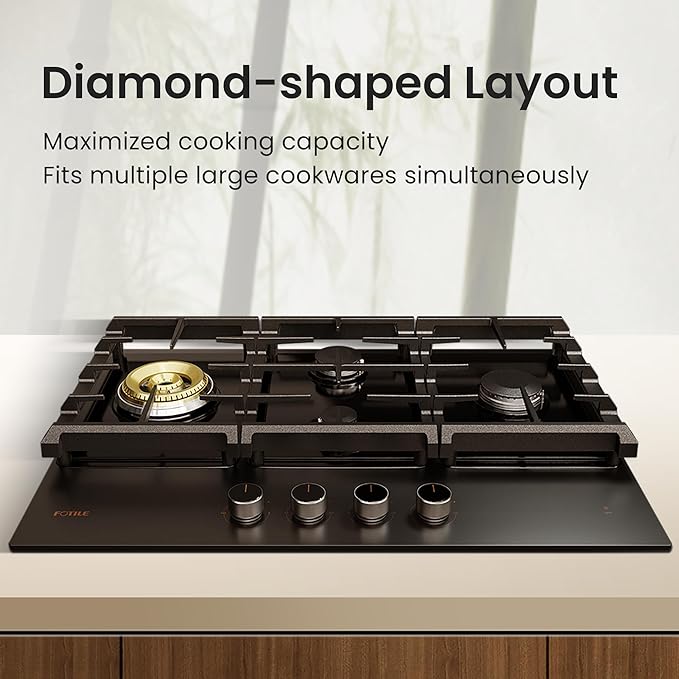 FOTILE GLG30401-Y 30” Moonshadow Tempered Glass 4 Gas Cooktop, Tri-Ring 18,000 BTUs Center Burner with Flame Failure Protection Removable Grates and Installation/LP Kit