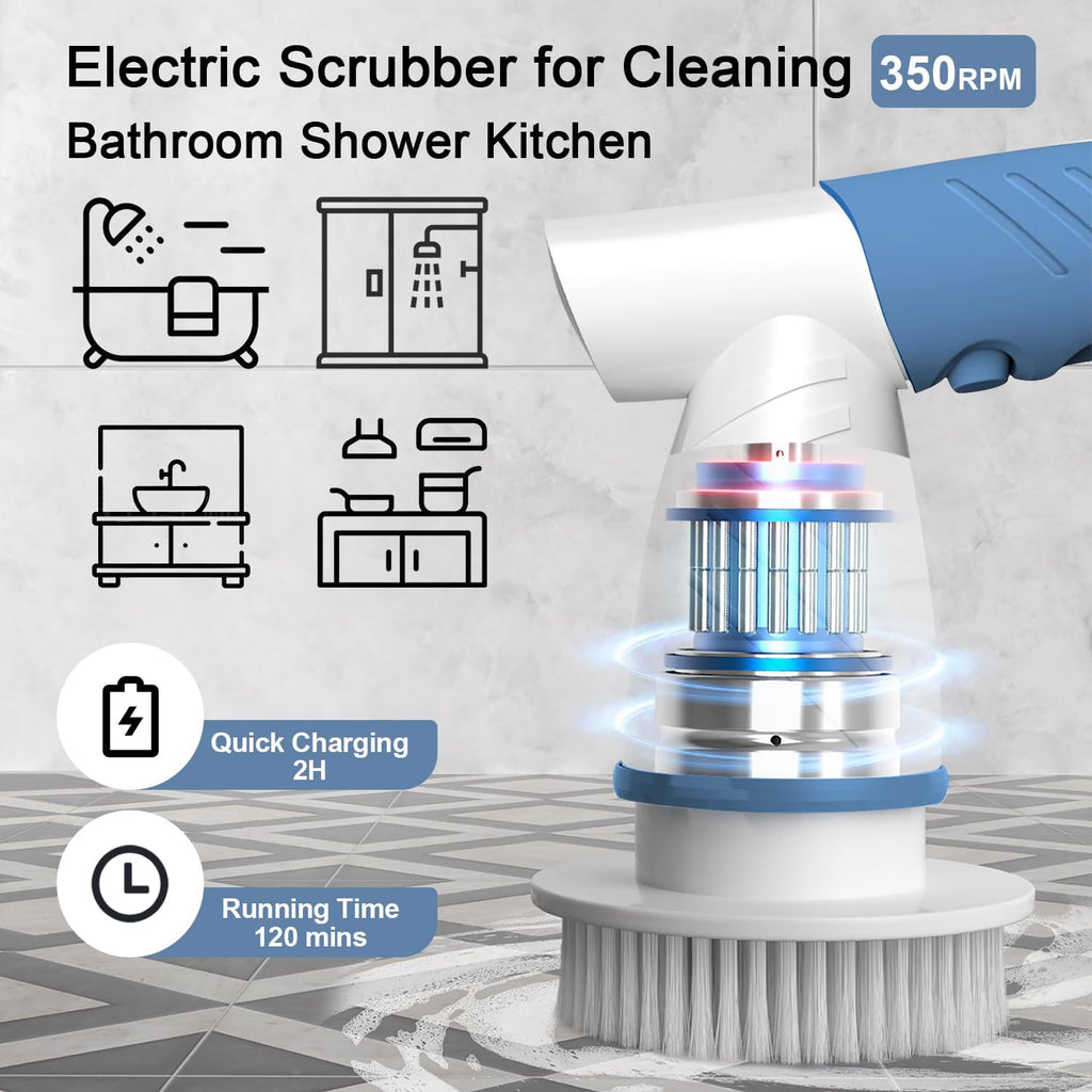 Electric Spin Scrubber, IEZFIX Electric Cleaning Brush Bathroom Shower Scrubbing Cleaner Brush Power Scrubber Cordless with 4 Replaceable Brush Heads for Bathtub, Tile, Floor, Toilet, Kitchen - Blue