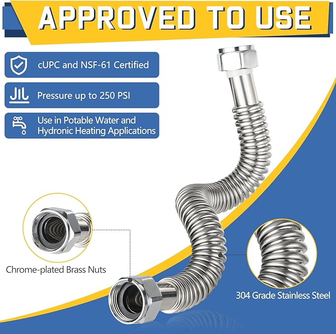 30-Pack GUOFIS Corrugated Flexible Stainless Steel Water Heater Connector,3/4" FIP x 3/4" FIP Hose for Water Heater/Water Softener(24-Inch)(HOSE040-30Pack)