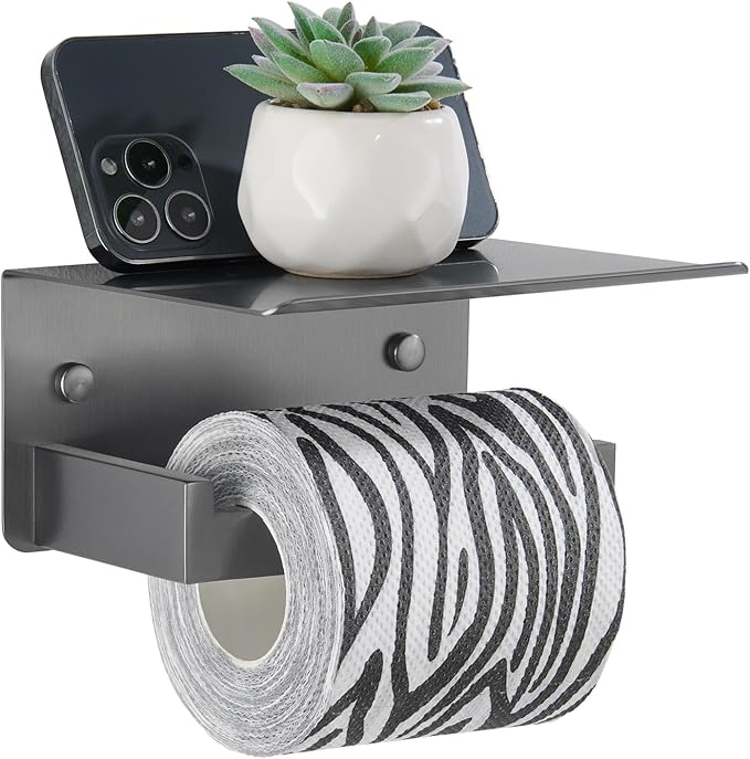 APLusee Toilet Paper Holder with Phone Shelf Gunmetal Gray, 304 Stainless Steel Rustproof Wall Mounted Heavy-Duty, Space-Saving for Modern Bathrooms