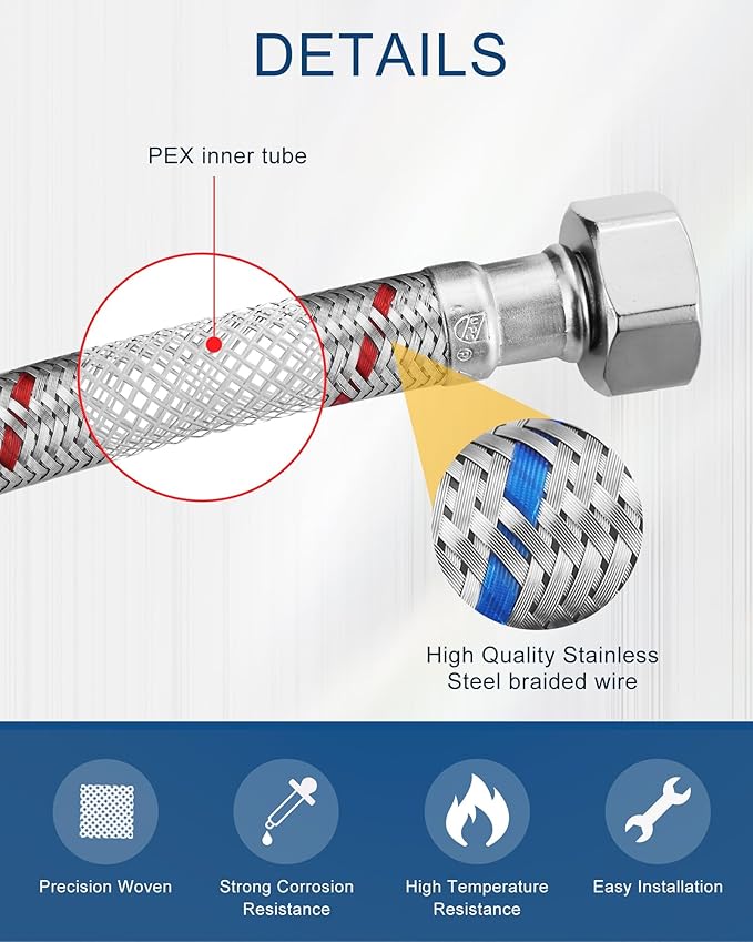 ALEASHA 9-Inch Long Faucet Hose, Stainless Steel Braided Faucet Supply Lines Bathroom Kitchen Faucet Connector, G1/2" FIP x 3/8" Compression Sink Water Hose Replacement Parts 2 PCS