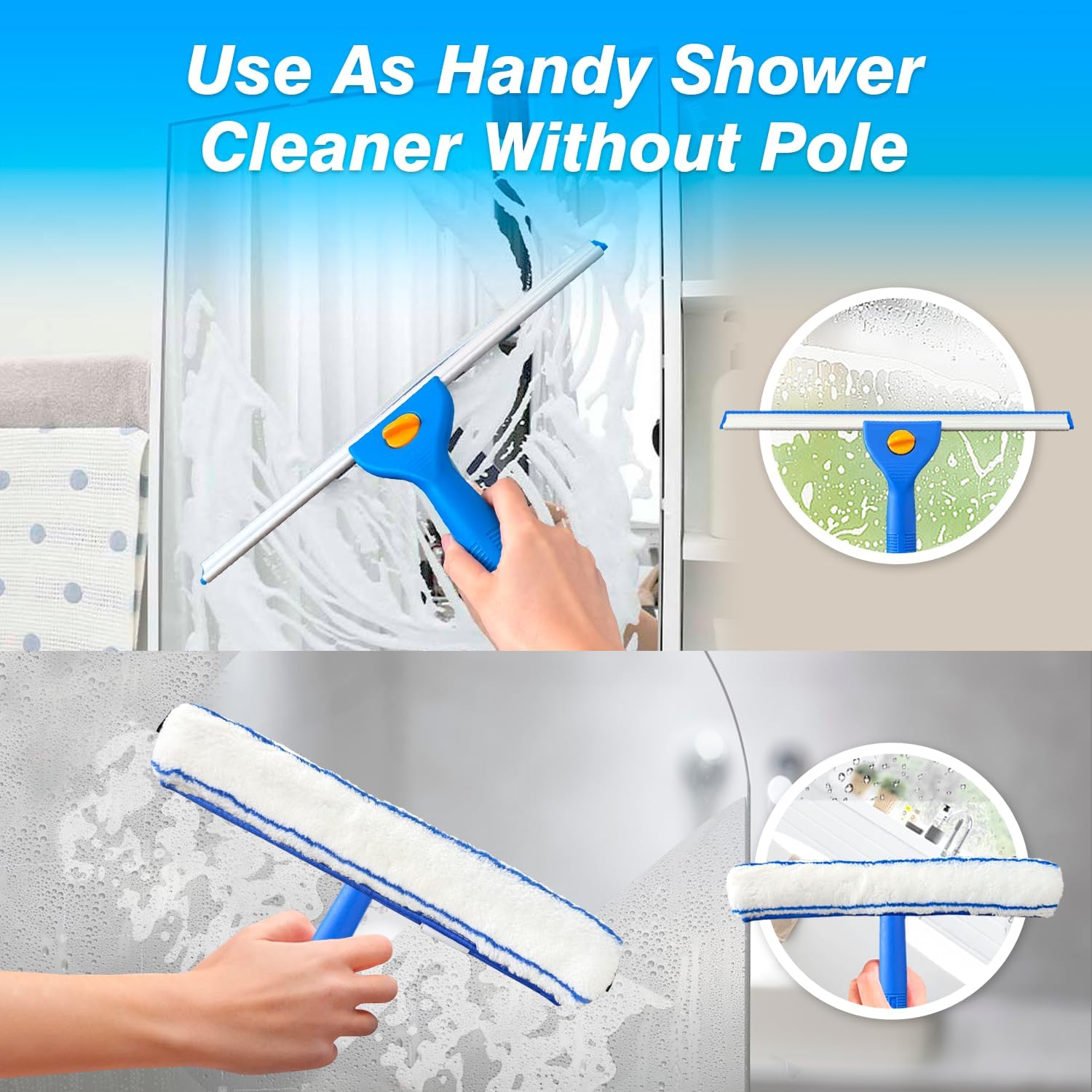 Squeegee for Window Cleaning, 14" Extra-Large Squeegee & Microfiber Scrubber Combi with 60" Stainless Steel Pole, Window Cleaning Kit for Shower Glass Mirror Door Car-2 Pads