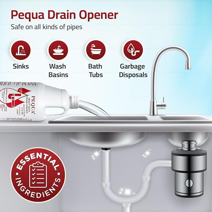PEQUA INDUSTRIES 64 oz Pequa Heavy Duty Drain Opener - Powerful, Non-Acid, Fast-Acting Formula, Safe for All Pipes, Industrial strength Drain Cleaner for Sinks, Tubs, Septic Tanks (Pack of 2)