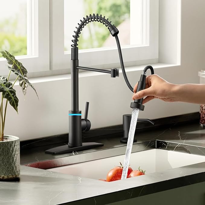 Smart Kitchen Faucet, 3 Modes Pull Down Sprayer, LED Temperature Control, Ceramic Valve, 360-Degree Rotation, 1 or 3 Hole Deck Plate. 10-Year Warranty. (KW-56R, Matt Black)