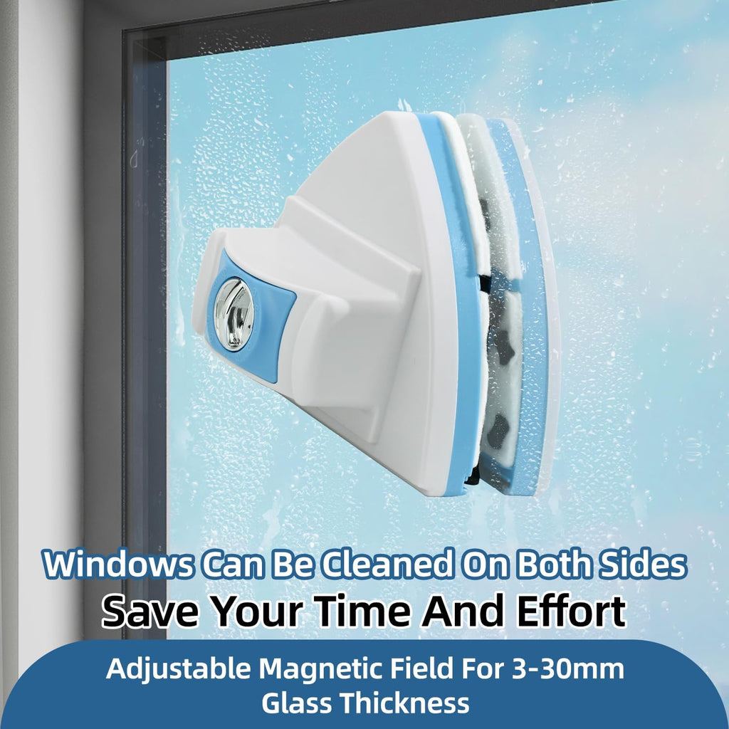 Double-Sided Magnetic Window Cleaner, Adjustable Magnetic Double Window Wiper, Equipment Cleaning Brush Tool, Suitable for 3-30mm Thickness of High-Rise and Automotive Glass Windows (1, Blue)