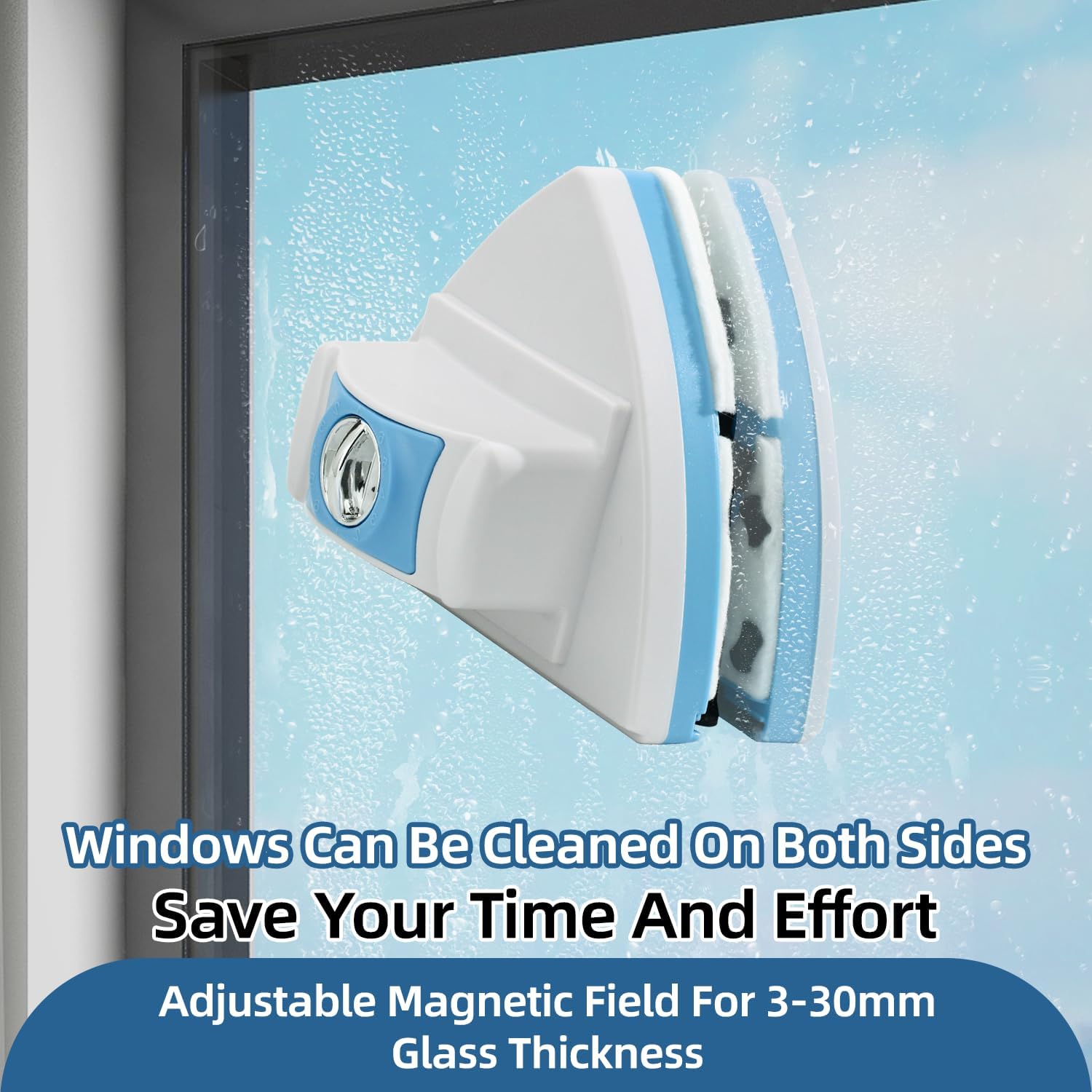 Double-Sided Magnetic Window Cleaner, Adjustable Magnetic Double Window Wiper, Equipment Cleaning Brush Tool, Suitable for 3-30mm Thickness of High-Rise and Automotive Glass Windows (1, Blue)
