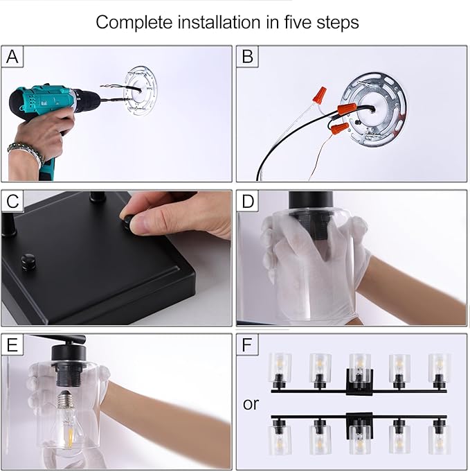 5 Light Bathroom Light Fixtures, 33.3 Inches Bathroom Lighting Fixtures Over Mirror, Black Vanity Light with Clear Glass Shades