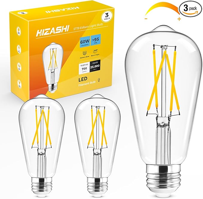 Hizashi LED Edison Bulbs, 6W, Equivalent 60W, Dimmable E26 LED Bulb, 3000K Soft White, 90+ CRI 700 Lumens, ST19 Vintage Light Bulbs, Clear Glass, Pack of 3