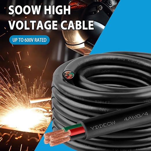 50ft 4/4 4 AWG Portable Power Cable (4 Conductor) - SOOW 600V 4 Gauge Electric Wire for Motor Leads, Portable Lights, Battery Chargers and Machinery - 4 Conductor - 50 Feet Electrical Cord