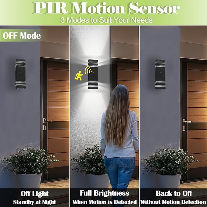 2 Pack Motion Sensor Dawn to Dusk Outdoor Light Fixture, Black Aluminum Exterior Lighting Fixtures with GU10 LED Bulbs, Up and Down Lights Outdoor Sconce Lights for Garage Porch Garden, ETL Listed