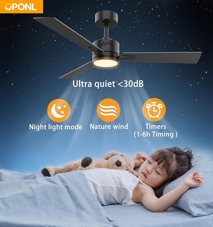 42" Black Ceiling Fan with Light, Remote Control, Downrod Mount, Noiseless, Reversible, 6CCT, Dimmable, 6 Speeds, Timeable, Ceiling Fan with Remote Control for Bedroom, indoor/outdoor