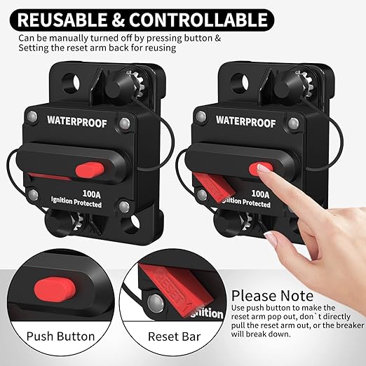 DaierTek 100 Amp Circuit Breaker 12V - 48V, DC 12 Volt Circuit Breaker 100A Inline with Manual Reset Waterproof for Marine Boat Trolling Automotive Car RV ATV Audio-2Pack